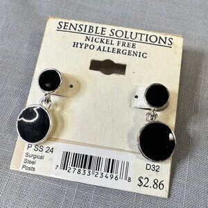 Sensible Solutions Silver Tone Black Double Drop Round Earrings
